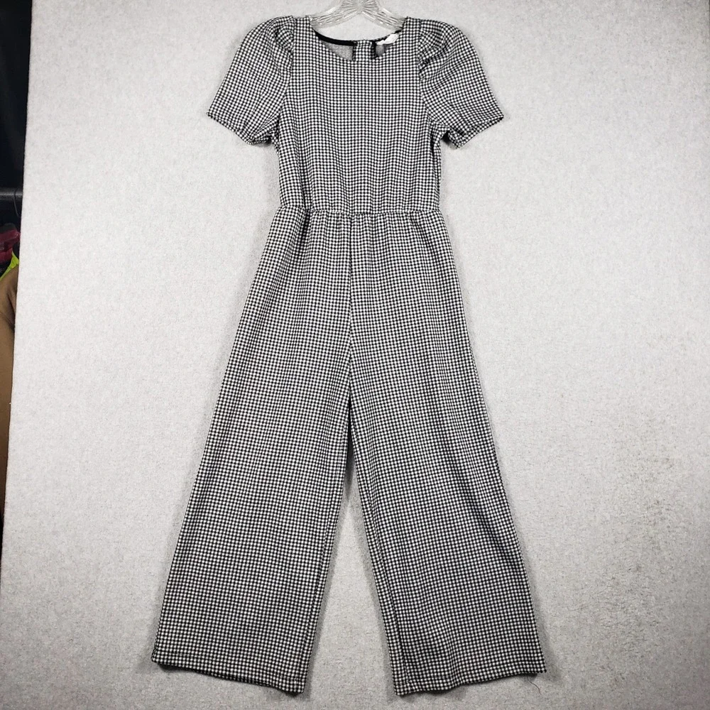 Zara Girls‎ Jumpsuit Houndstooth Wide Leg Size 11-12 Black White Puff Sleeve EUC